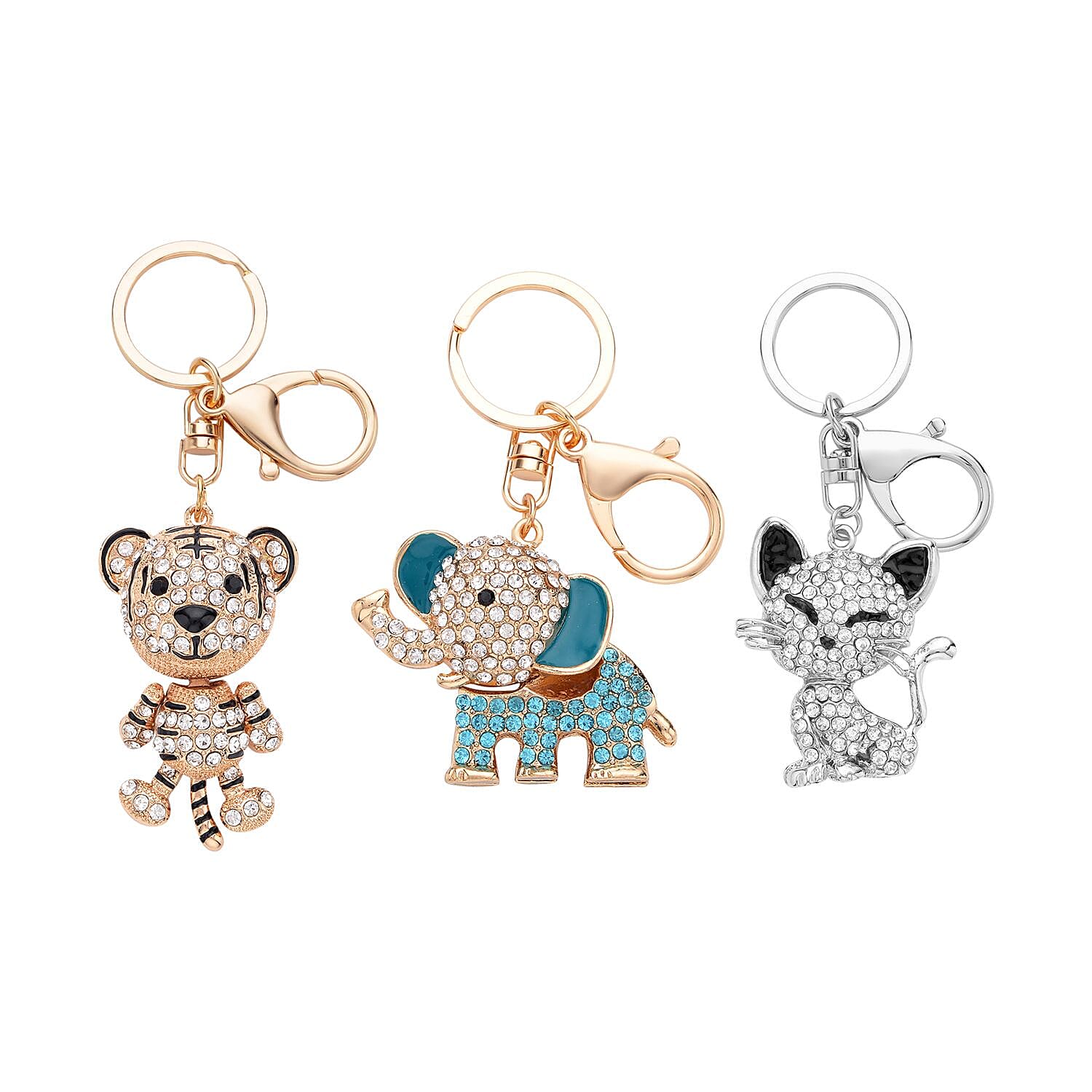 Set of 3 Multi Color Austrian Crystal, Resin, Enameled Bear, Dog and Dragon Keychain in Goldtone