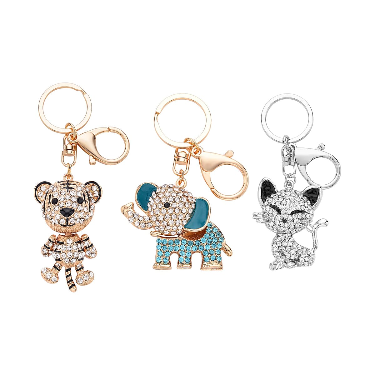 Doorbuster Set of 3 Multi Color Austrian Crystal, Enameled Elephant, Cat and Tiger Keychain in Dualtone image number 0