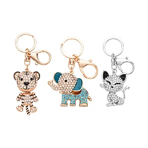 Doorbuster Set of 3 Multi Color Austrian Crystal, Enameled Elephant, Cat and Tiger Keychain in Dualtone