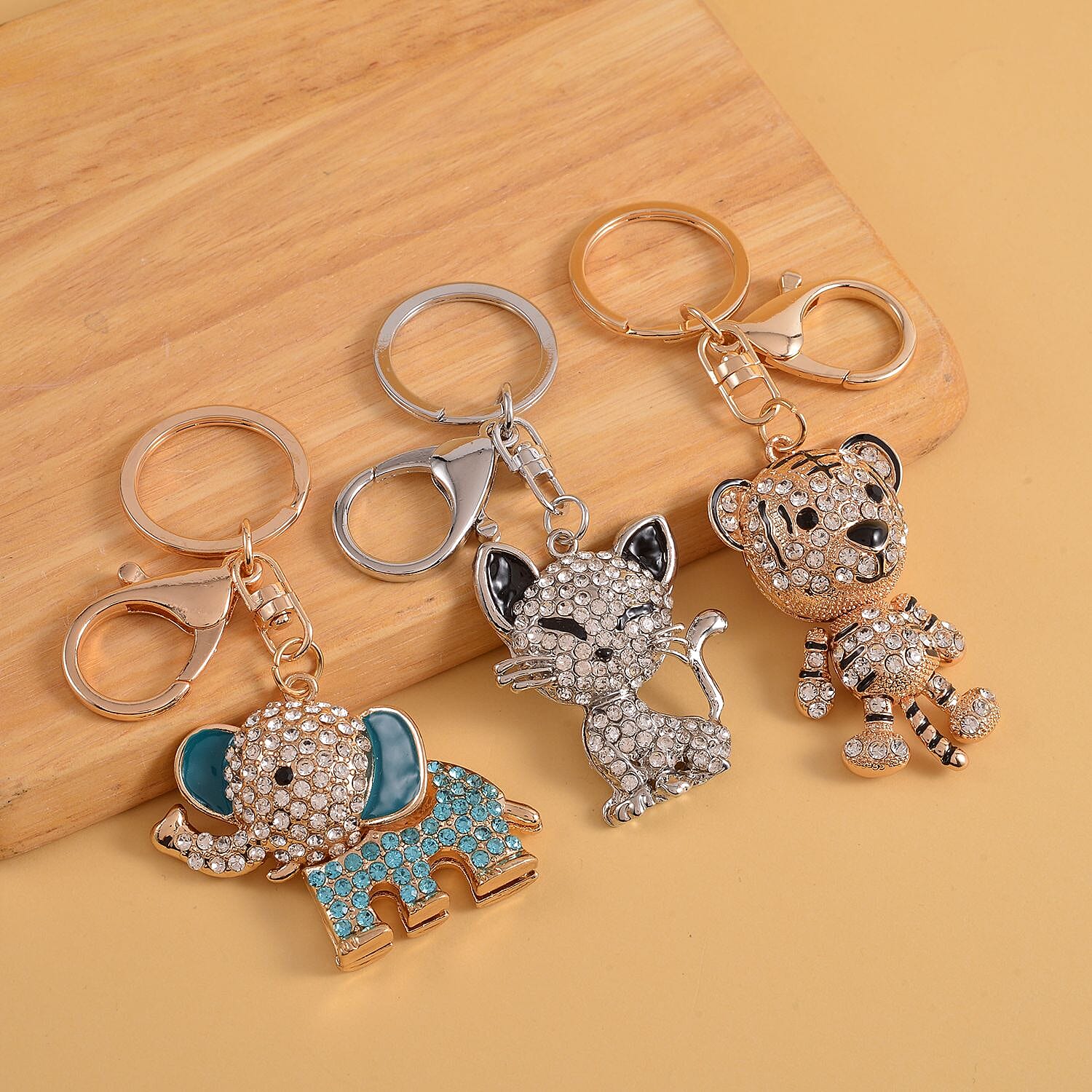 Set of 3 Multi Color Austrian Crystal, Resin, Enameled Bear, Dog and Dragon Keychain in Goldtone