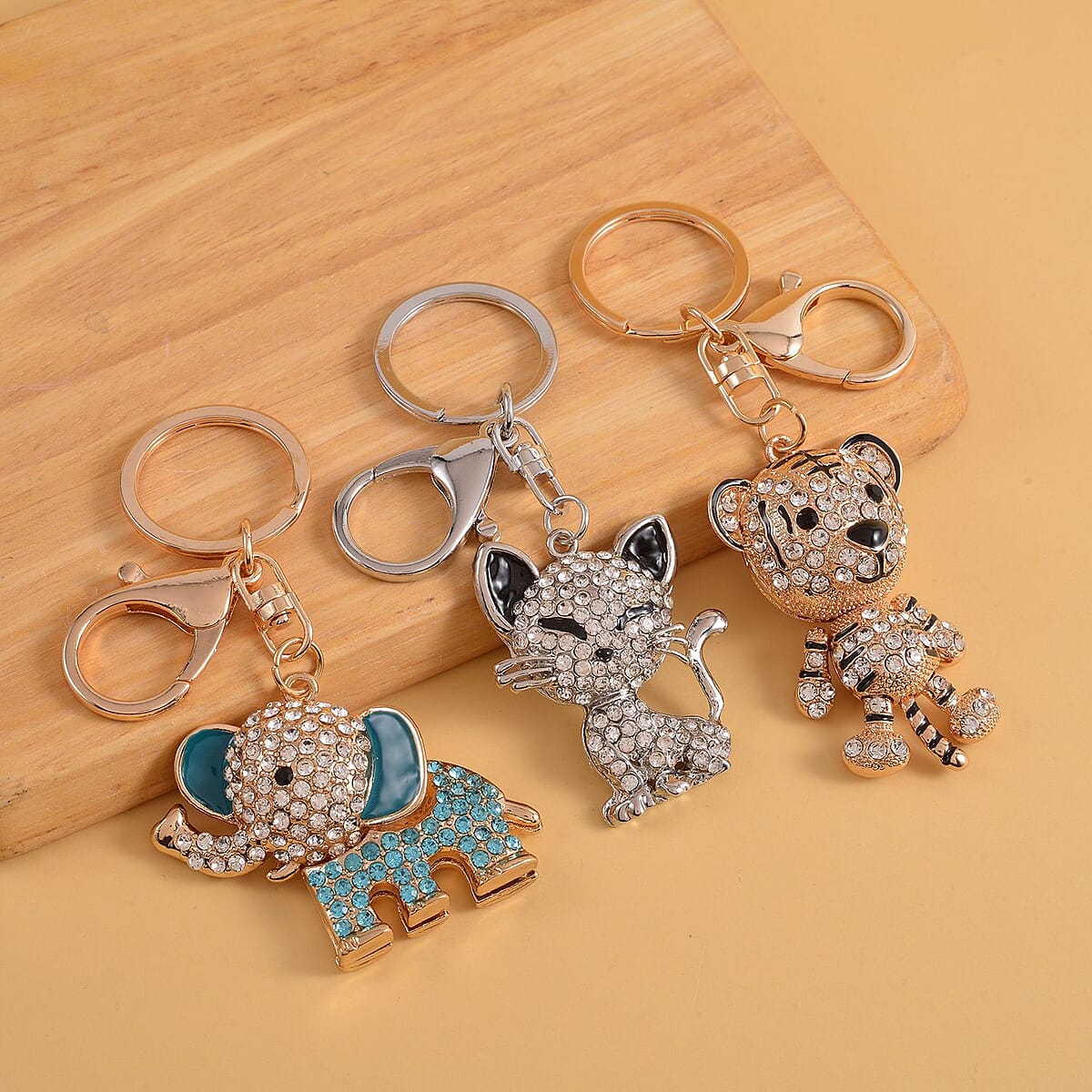 Doorbuster Set of 3 Multi Color Austrian Crystal, Enameled Elephant, Cat and Tiger Keychain in Dualtone image number 1