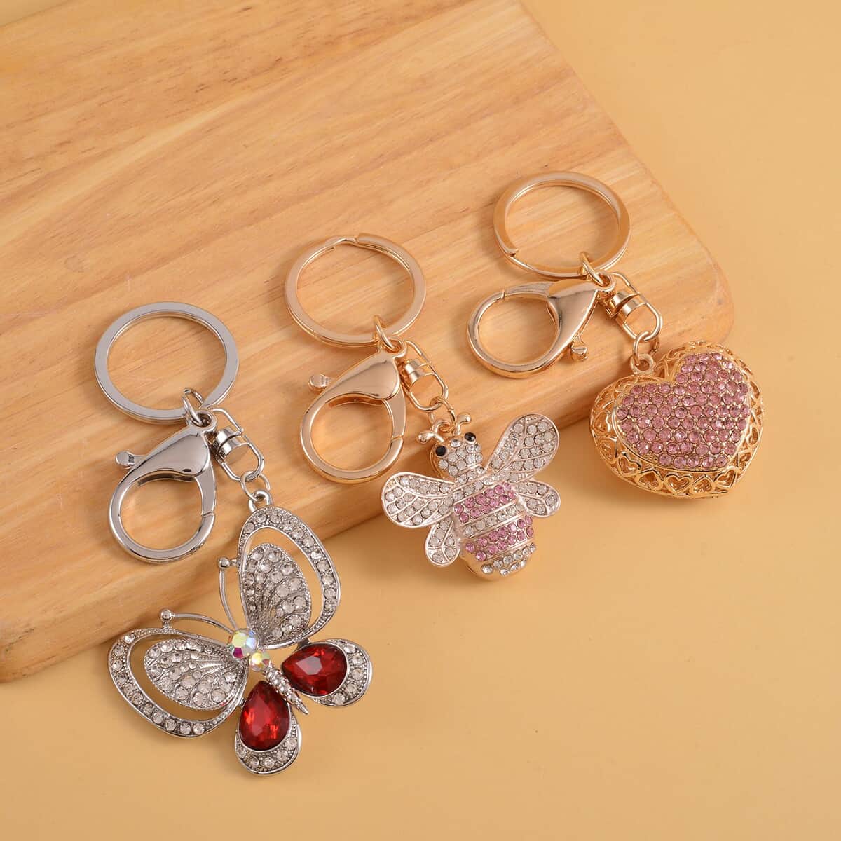 Set of 3 Multi Color Austrian Crystal, Red Glass, Enameled Heart, Butterfly and Bee Keychain in Dualtone, Cute Keychains, Key Holders, Key Rings, Cool Keychains image number 1