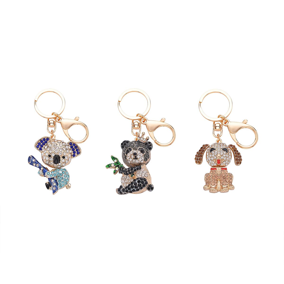 Doorbuster Set of 3 Multi Color Austrian Crystal, Enameled Elephant, Cat and Tiger Keychain in Dualtone image number 0