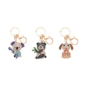 Doorbuster Set of 3 Multi Color Austrian Crystal, Enameled Elephant, Cat and Tiger Keychain in Dualtone