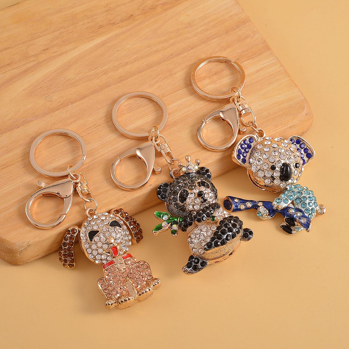 Doorbuster Set of 3 Multi Color Austrian Crystal, Enameled Elephant, Cat and Tiger Keychain in Dualtone image number 1