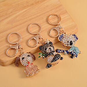 Doorbuster Set of 3 Multi Color Austrian Crystal, Enameled Elephant, Cat and Tiger Keychain in Dualtone