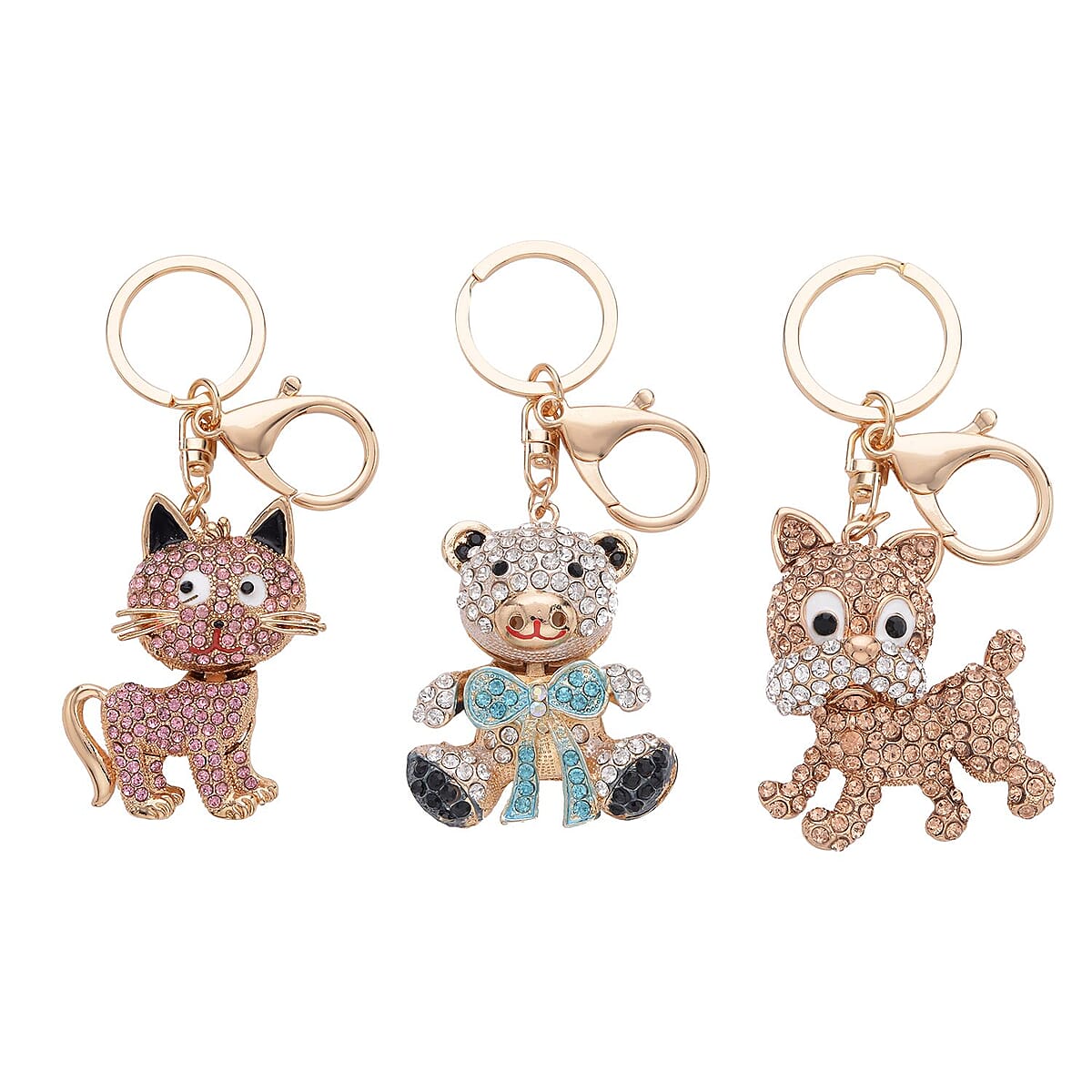 Doorbuster Set of 3 Multi Color Austrian Crystal, Enameled Elephant, Cat and Tiger Keychain in Dualtone image number 0