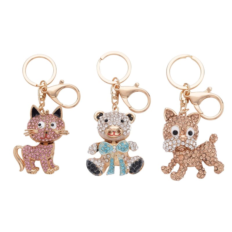 Set of 3 Multi Color Austrian Crystal, Enameled Elephant, Cat and Tiger Keychain in Goldtone