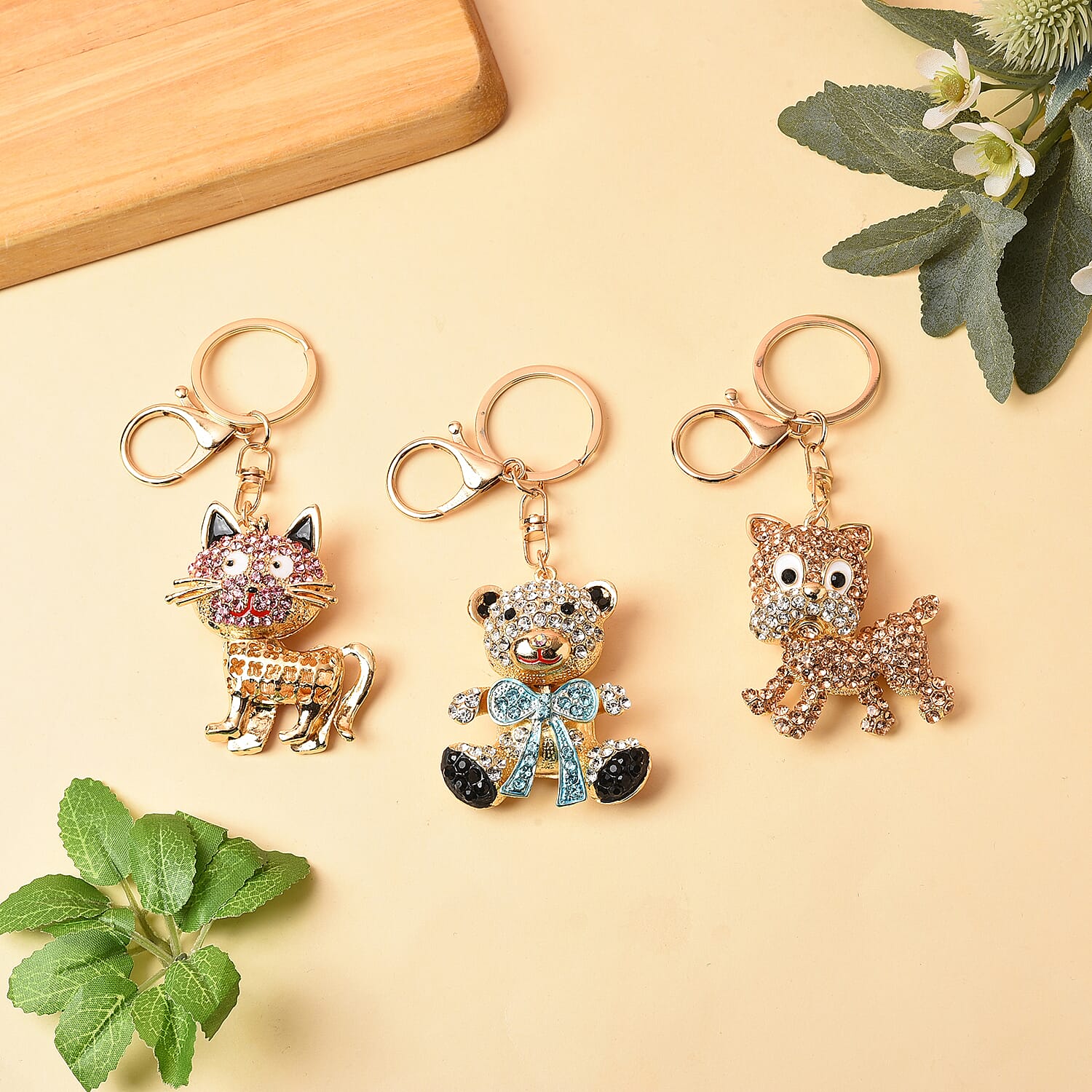 Set of 3 Multi Color Austrian Crystal, Resin, Enameled Bear, Dog and Dragon Keychain in Goldtone