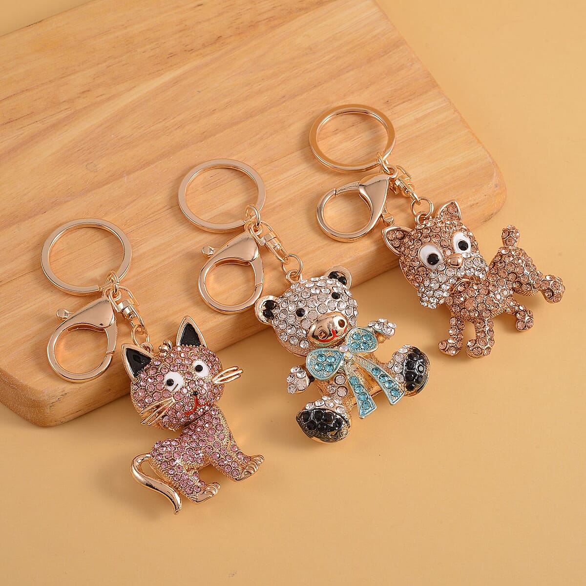 Doorbuster Set of 3 Multi Color Austrian Crystal, Enameled Elephant, Cat and Tiger Keychain in Dualtone image number 1