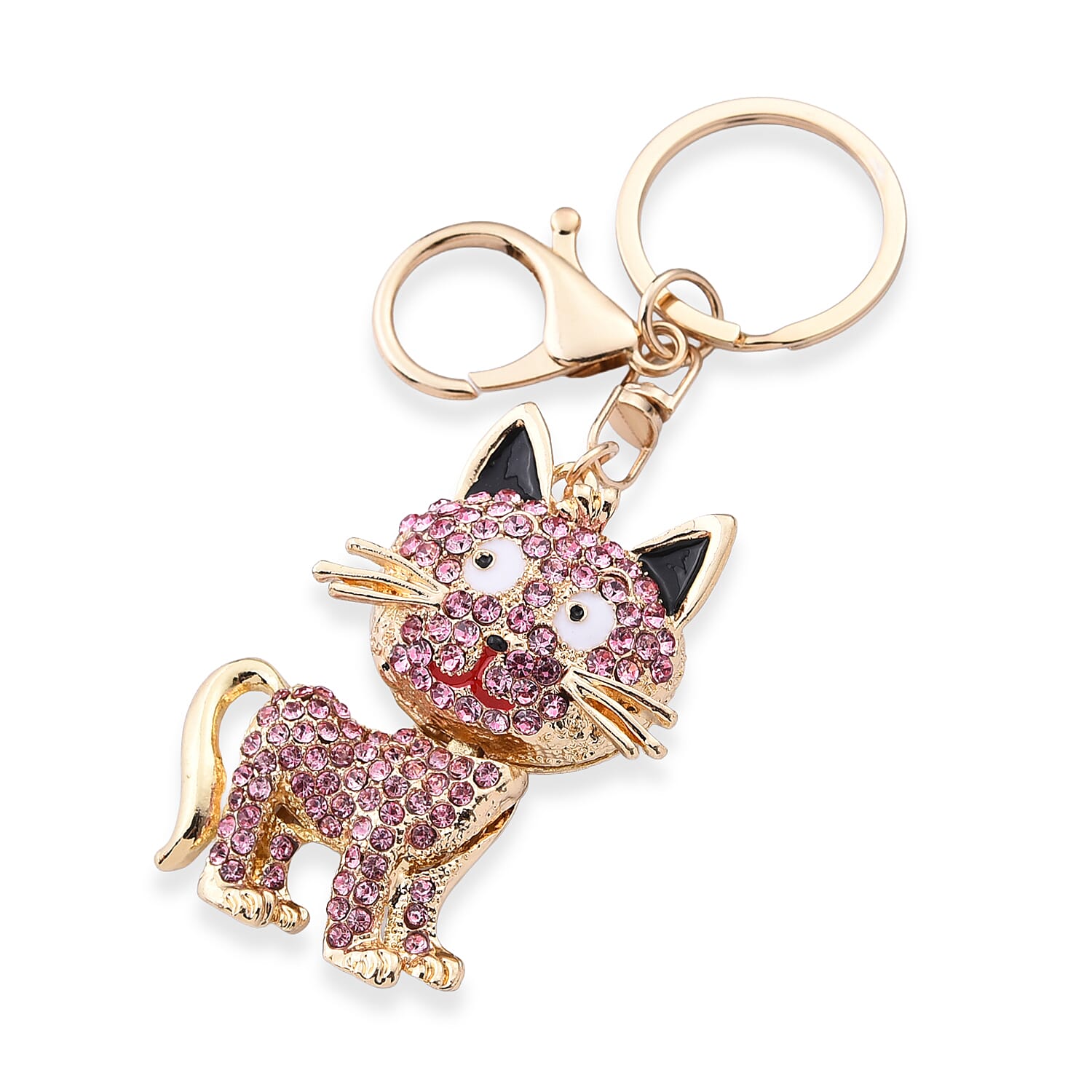 Set of 3 Multi Color Austrian Crystal, Enameled Elephant, Cat and Tiger Keychain in Goldtone