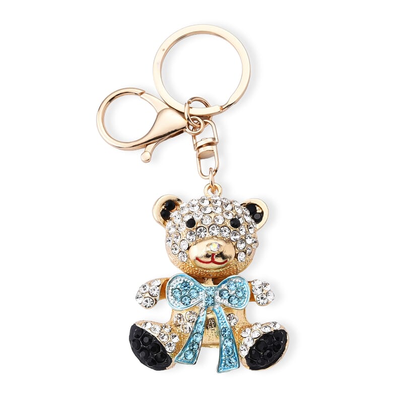 Set of 3 Multi Color Austrian Crystal, Enameled Elephant, Cat and Tiger Keychain in Goldtone