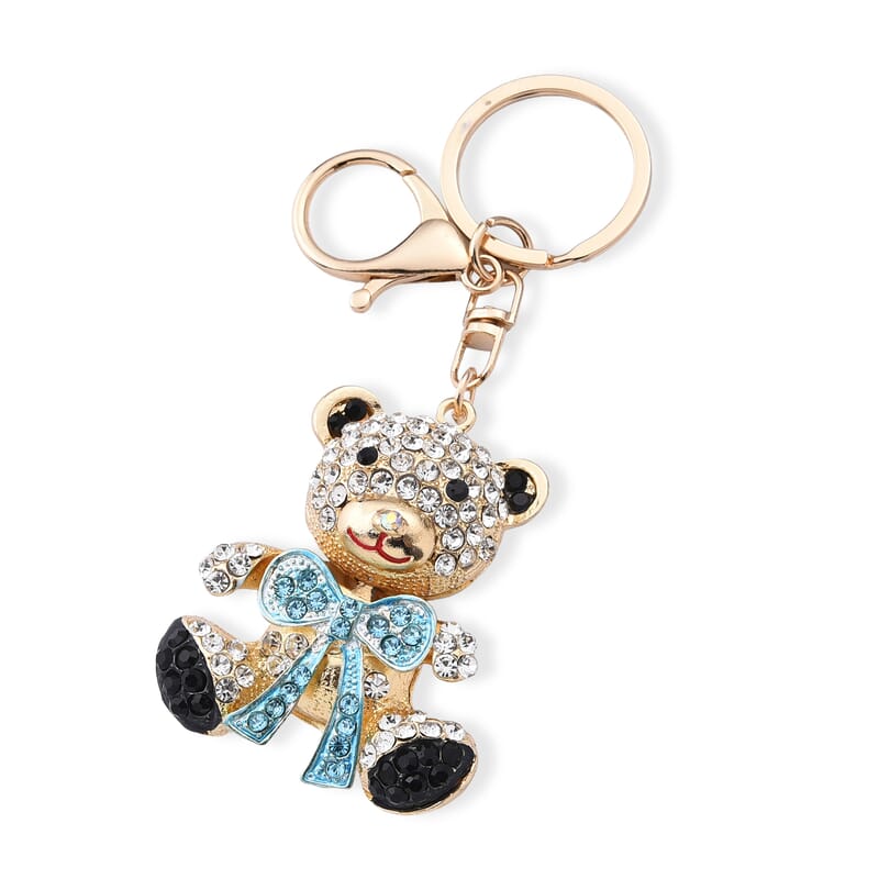 Set of 3 Multi Color Austrian Crystal, Enameled Elephant, Cat and Tiger Keychain in Goldtone