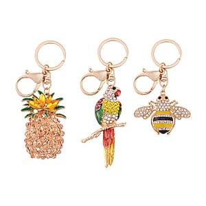 Doorbuster Set of 3 Multi Color Austrian Crystal, Enameled Elephant, Cat and Tiger Keychain in Dualtone