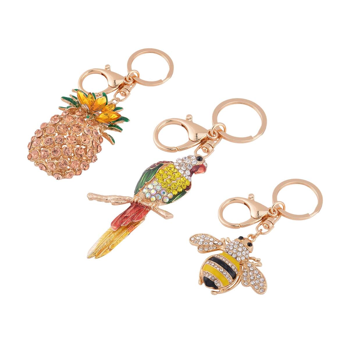 Set of 3 Multi Color Austrian Crystal, Champagne Glass, Enameled Parrot, Pineapple and Bee Keychain in Goldtone, Cute Keychains, Key Holders, Key Rings, Cool Keychains image number 2