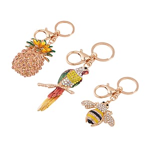  Set of 3 Multi Color Austrian Crystal, Enameled Elephant, Cat and Tiger Keychain in Dualtone