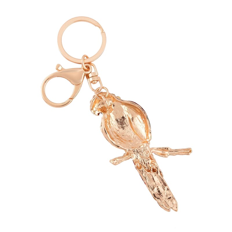 Set of 3 Multi Color Austrian Crystal, Champagne Glass, Enameled Parrot, Pineapple and Bee Keychain in Goldtone