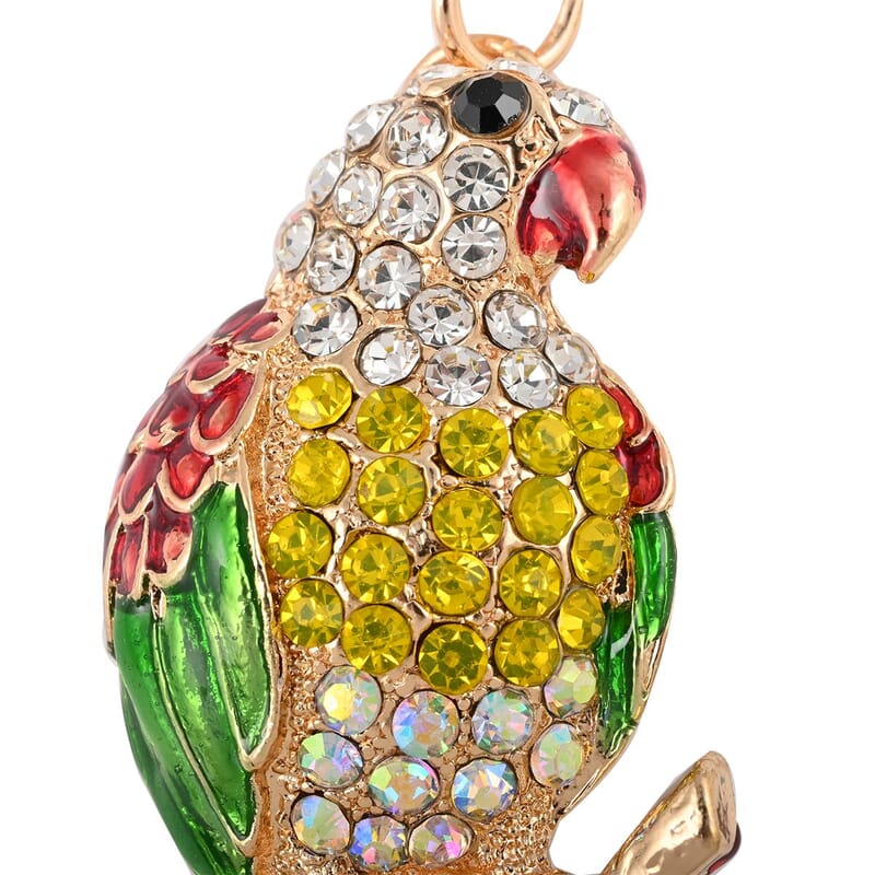 Set of 3 Multi Color Austrian Crystal, Champagne Glass, Enameled Parrot, Pineapple and Bee Keychain in Goldtone
