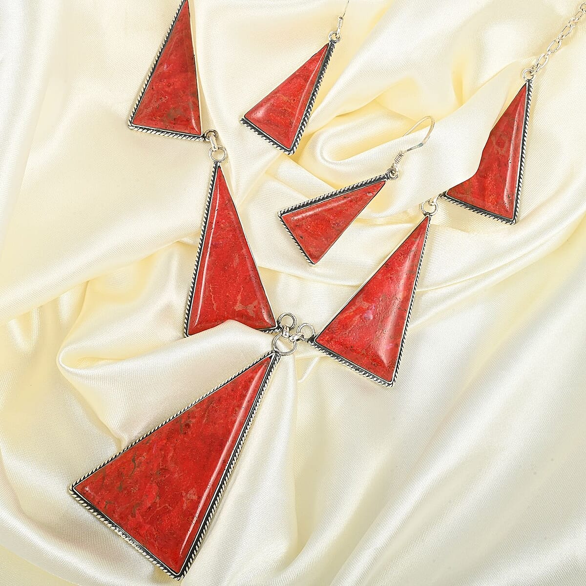 Santa Fe Style Coral Dangle Earrings and Statement Necklace 20 Inches in Sterling Silver image number 1