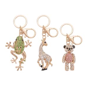Set of 3 Multi Color Austrian Crystal, Enameled Frog, Teddy Bear, Giraffe Keychain in Goldtone, Cute Keychains, Key Holders, Key Rings, Cool Keychains