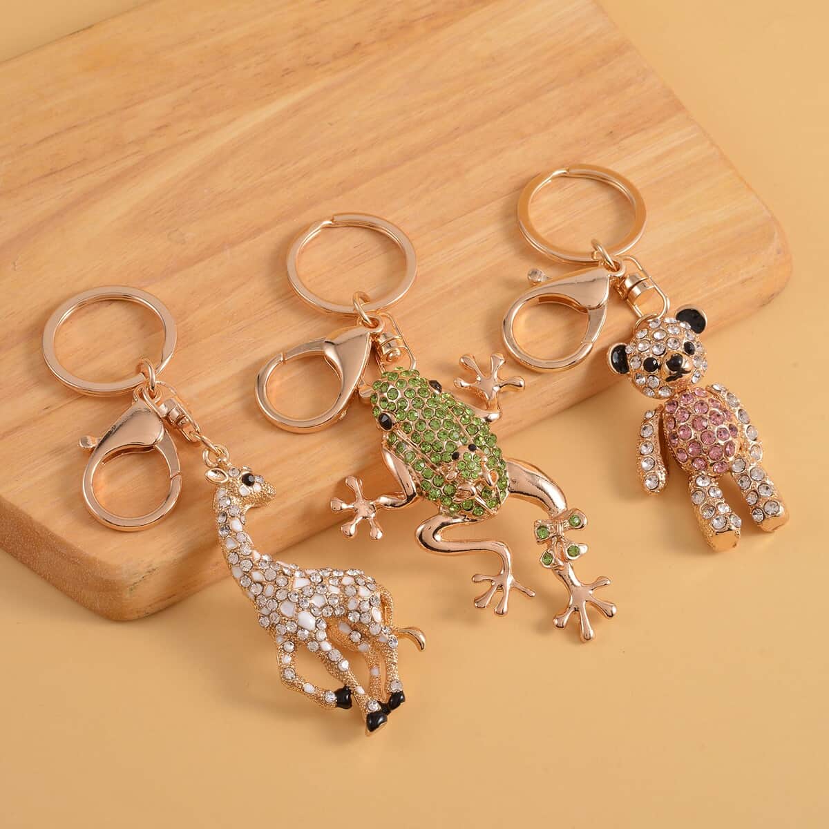 Set of 3 Multi Color Austrian Crystal, Enameled Frog, Teddy Bear, Giraffe Keychain in Goldtone, Cute Keychains, Key Holders, Key Rings, Cool Keychains image number 1