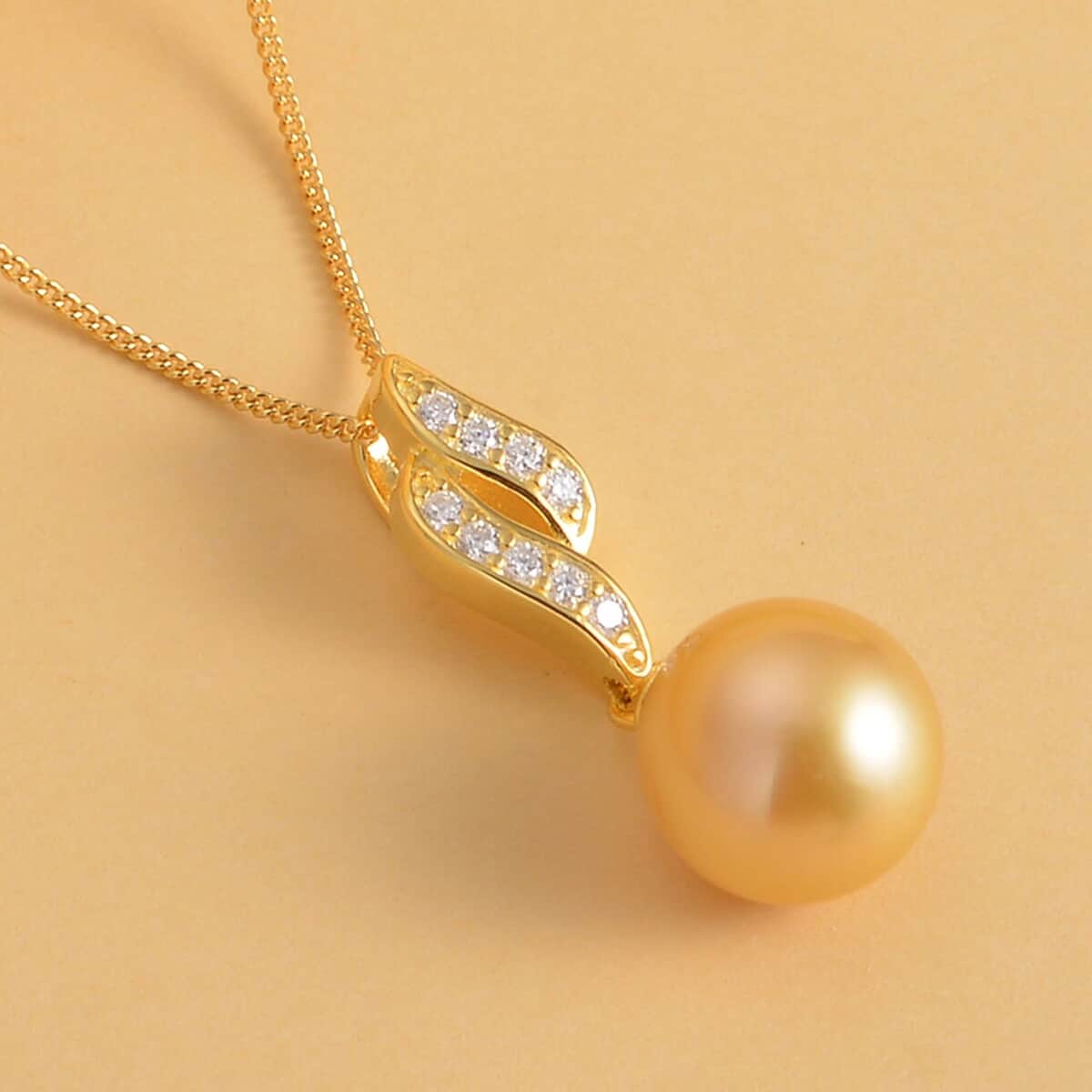 South Sea Pearl and Moissanite Pendant Necklace 18 Inches in Vermeil Yellow Gold Over Sterling Silver 0.25 ctw image number 1