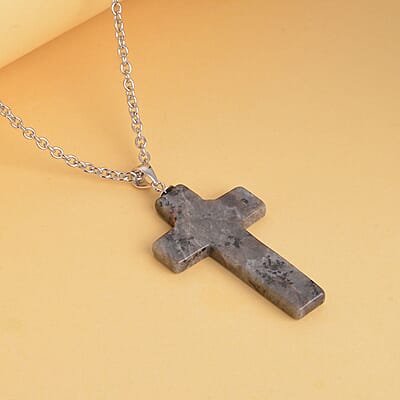 Natural Yooperlite Cross Pendant in Rhodium Over Sterling Silver with Stainless Steel Necklace (20 Inches) 21.00 ctw