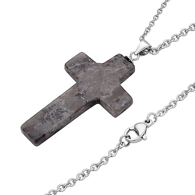 Natural Yooperlite Cross Pendant in Rhodium Over Sterling Silver with Stainless Steel Necklace (20 Inches) 21.00 ctw