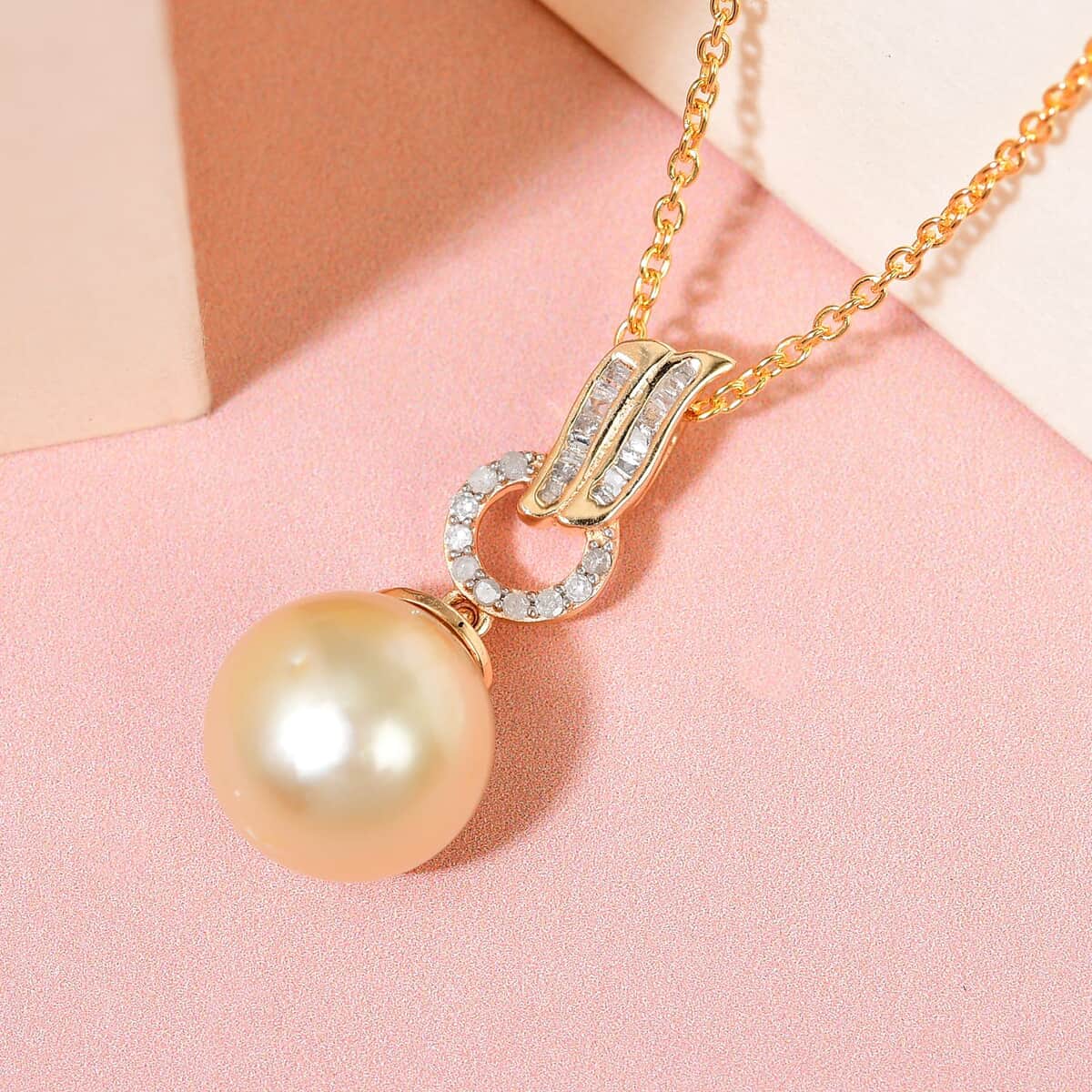 South Sea Pearl and Diamond Pendant Necklace 20 Inches in Vermeil Yellow Gold Over Sterling Silver 0.15 ctw image number 1