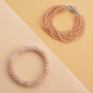 Champagne Glass and Austrian Crystal Set of 2 Beaded Bracelet in Silvertone (Stretch, 7.75In)