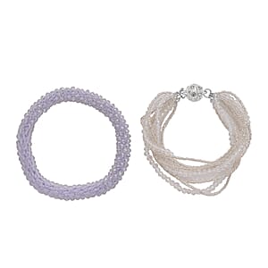 White Glass and Austrian Crystal Set of 2 Beaded Bracelet in Silvertone (Stretch, 7.75In)