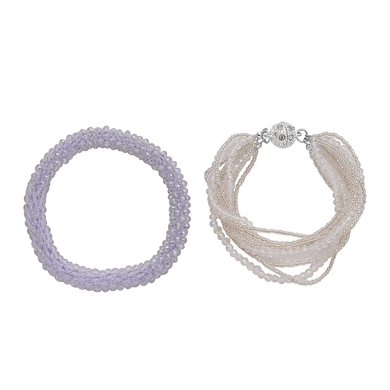 White Glass and Austrian Crystal Set of 2 Beaded Bracelet in Silvertone (Stretch, 7.75In)
