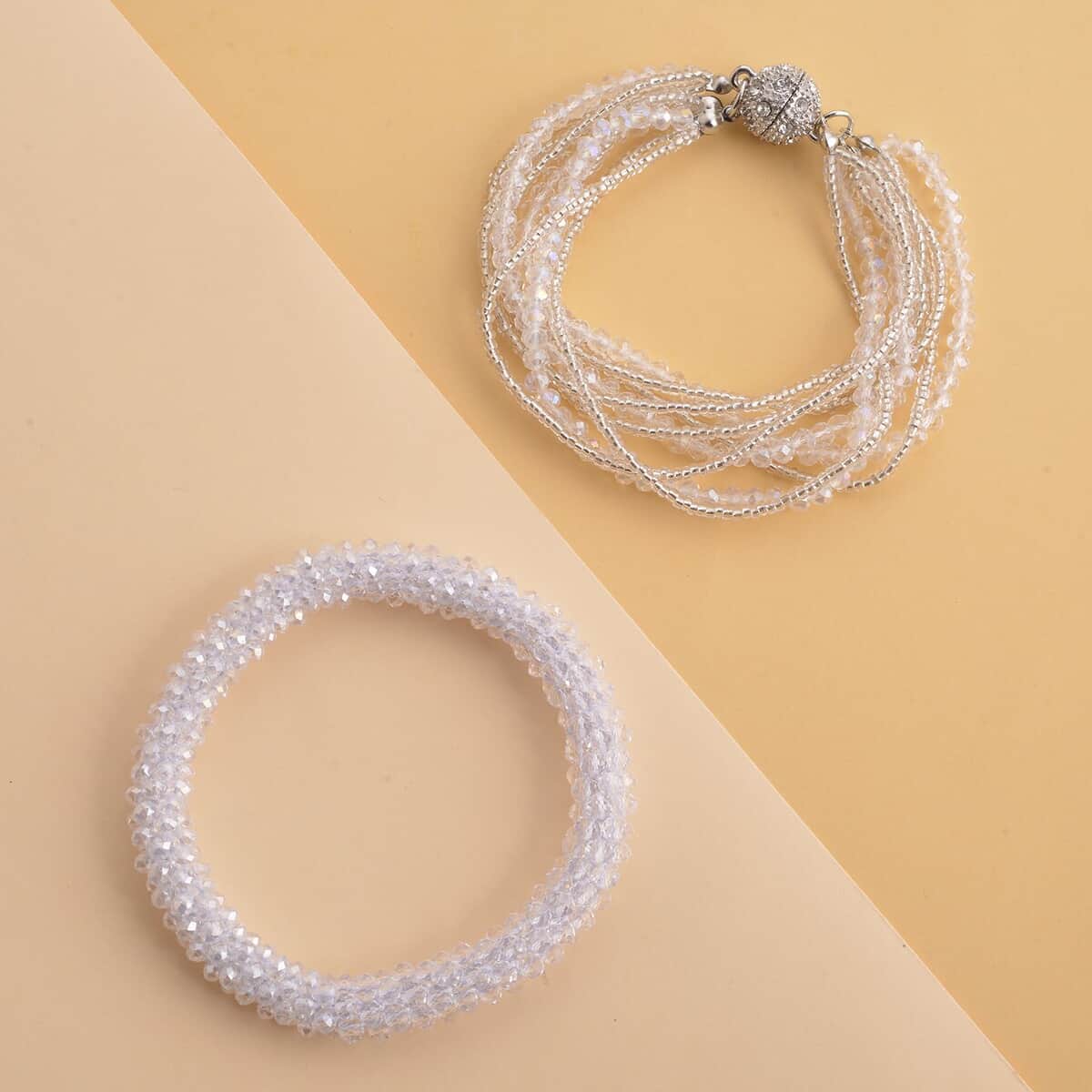 White Glass and Austrian Crystal Set of 2 Beaded Bracelet in Silvertone (Stretch, 7.75In) image number 1