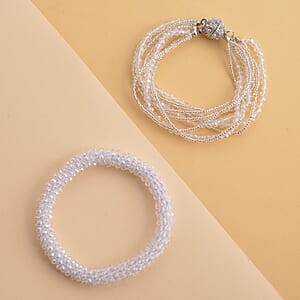 White Glass and Austrian Crystal Set of 2 Beaded Bracelet in Silvertone (Stretch, 7.75In)
