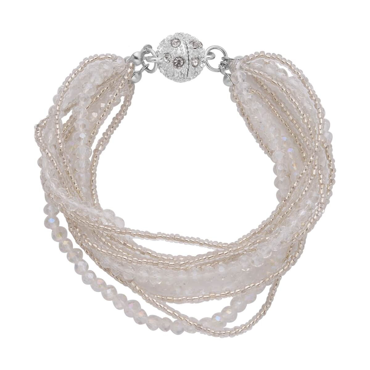 White Glass and Austrian Crystal Set of 2 Beaded Bracelet in Silvertone (Stretch, 7.75In) image number 5