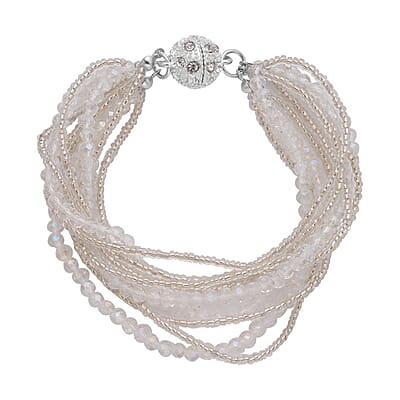 White Glass and Austrian Crystal Set of 2 Beaded Bracelet in Silvertone (Stretch, 7.75In)