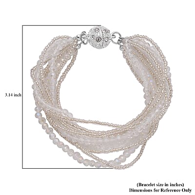 White Glass and Austrian Crystal Set of 2 Beaded Bracelet in Silvertone (Stretch, 7.75In)
