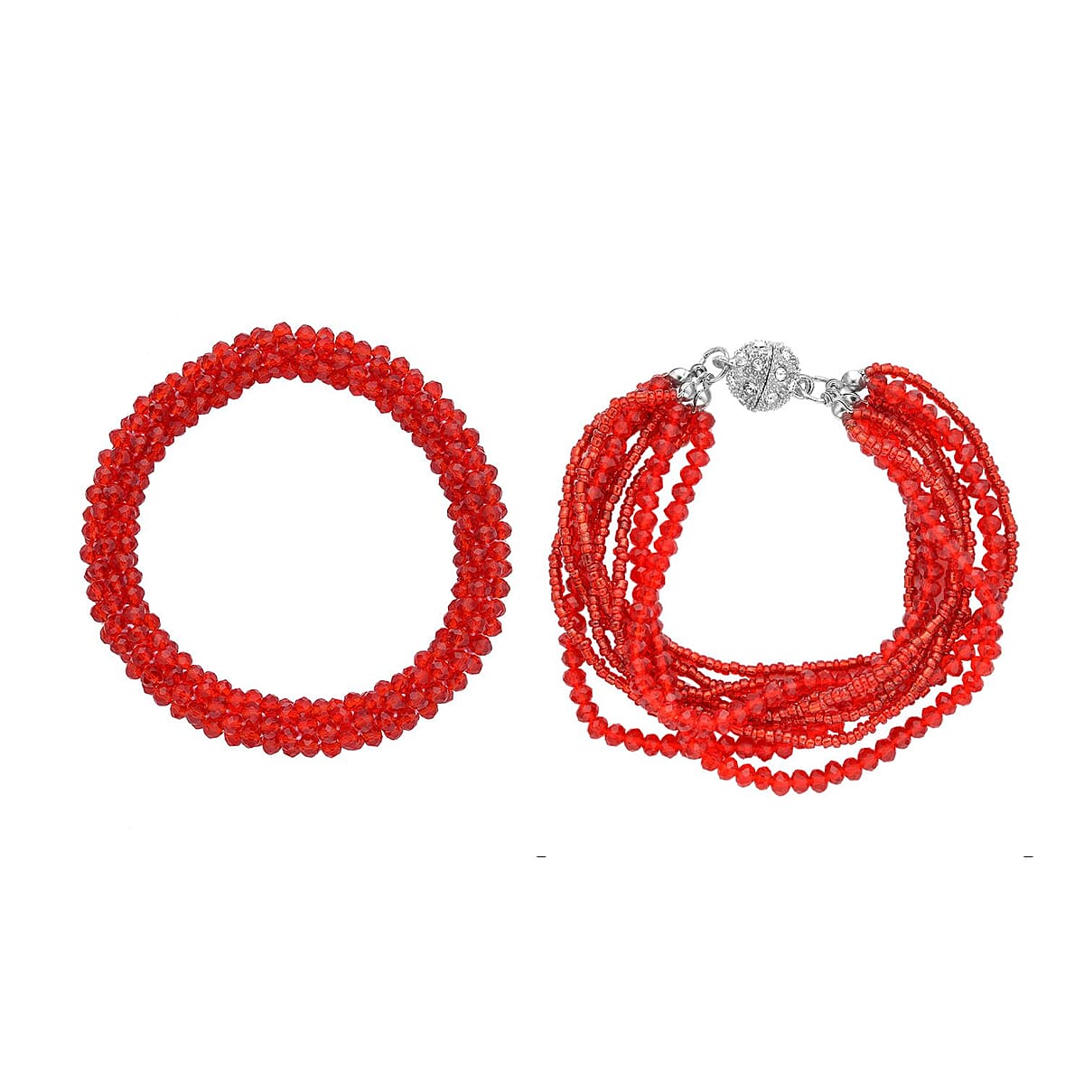  Red Glass and Austrian Crystal Set of 2 Beaded Bracelet in Silvertone (Stretch, 7.75In) image number 0