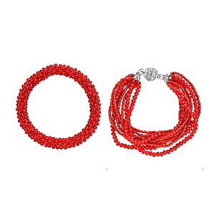  Red Glass and Austrian Crystal Set of 2 Beaded Bracelet in Silvertone (Stretch, 7.75In)