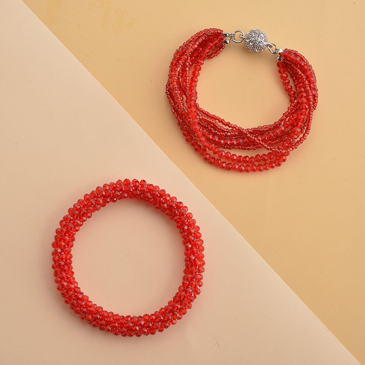  Red Glass and Austrian Crystal Set of 2 Beaded Bracelet in Silvertone (Stretch, 7.75In) image number 1