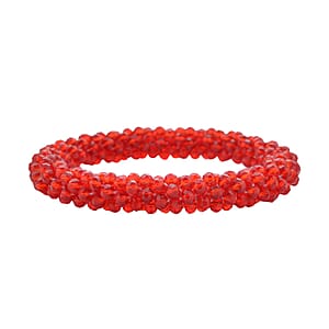  Red Glass and Austrian Crystal Set of 2 Beaded Bracelet in Silvertone (Stretch, 7.75In)