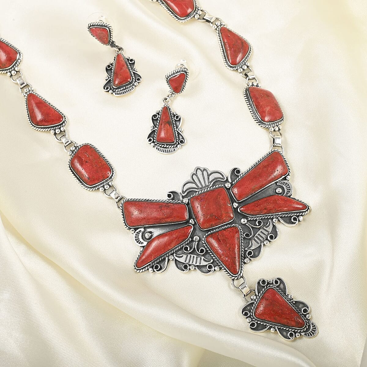 SANTA FE Style Red Coral Earrings and Dragonfly Statement Necklace 20 Inches in Sterling Silver 64.25 Grams image number 1