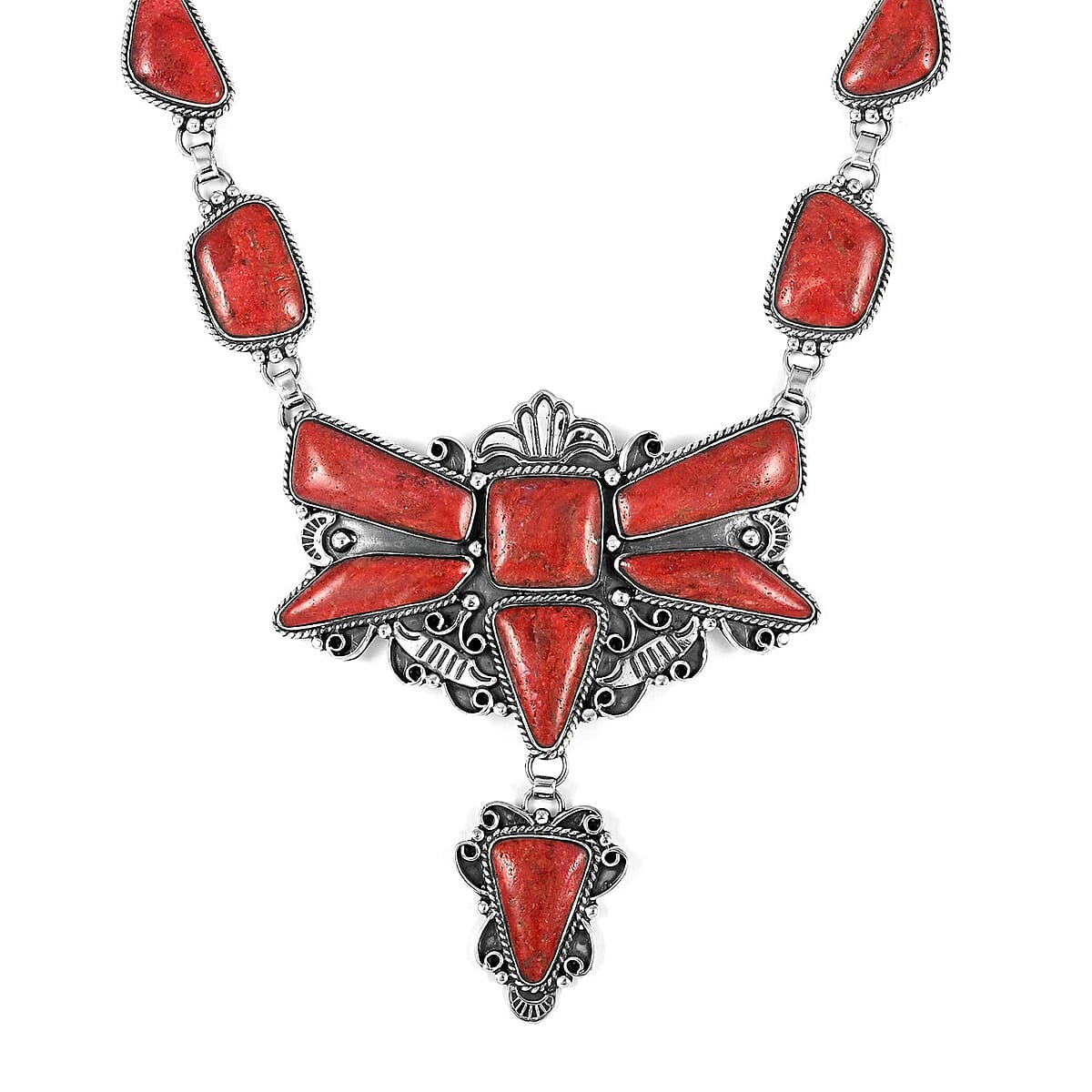 SANTA FE Style Red Coral Earrings and Dragonfly Statement Necklace 20 Inches in Sterling Silver 64.25 Grams image number 2
