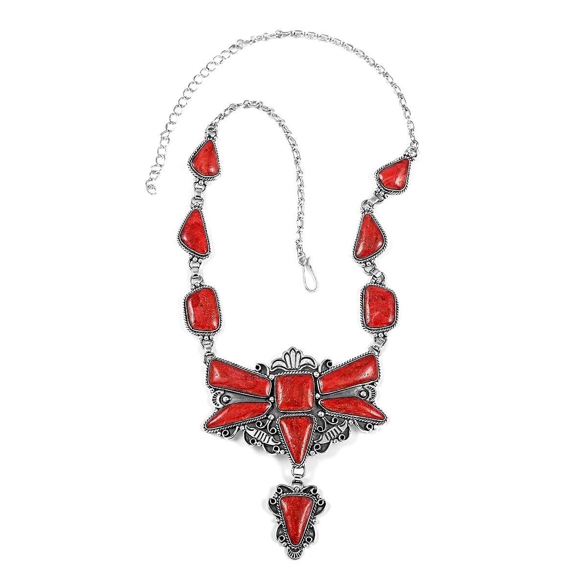 SANTA FE Style Red Coral Earrings and Dragonfly Statement Necklace 20 Inches in Sterling Silver 64.25 Grams image number 3