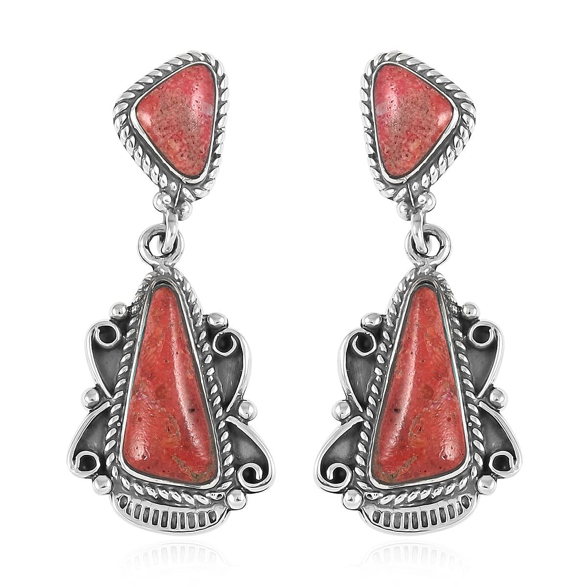 SANTA FE Style Red Coral Earrings and Dragonfly Statement Necklace 20 Inches in Sterling Silver 64.25 Grams image number 5