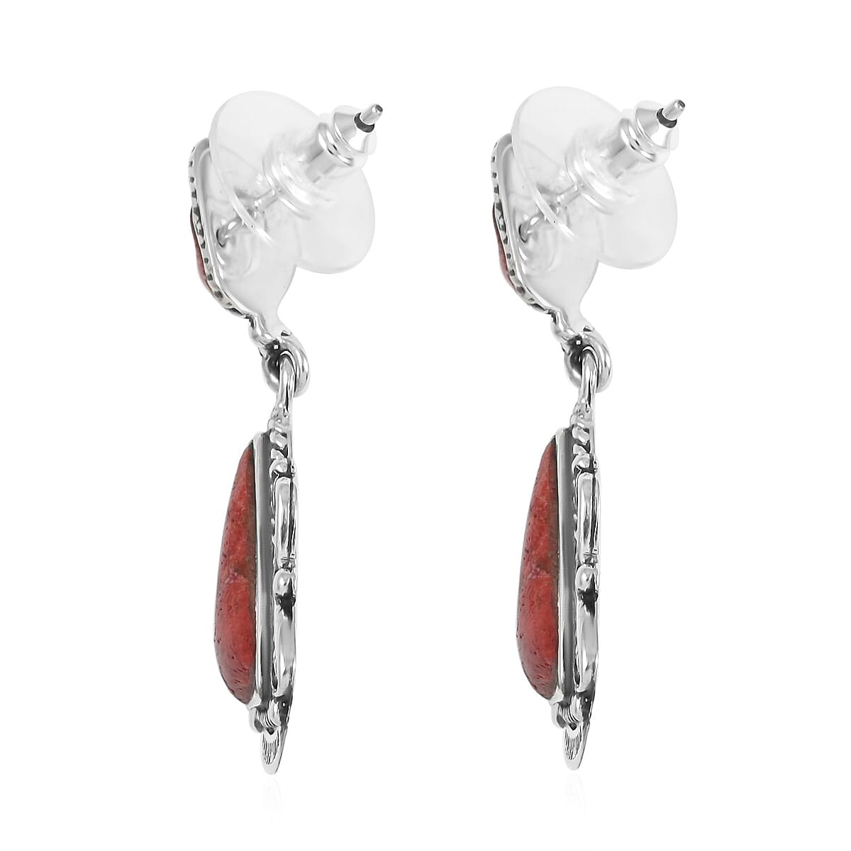 SANTA FE Style Red Coral Earrings and Dragonfly Statement Necklace 20 Inches in Sterling Silver 64.25 Grams image number 6