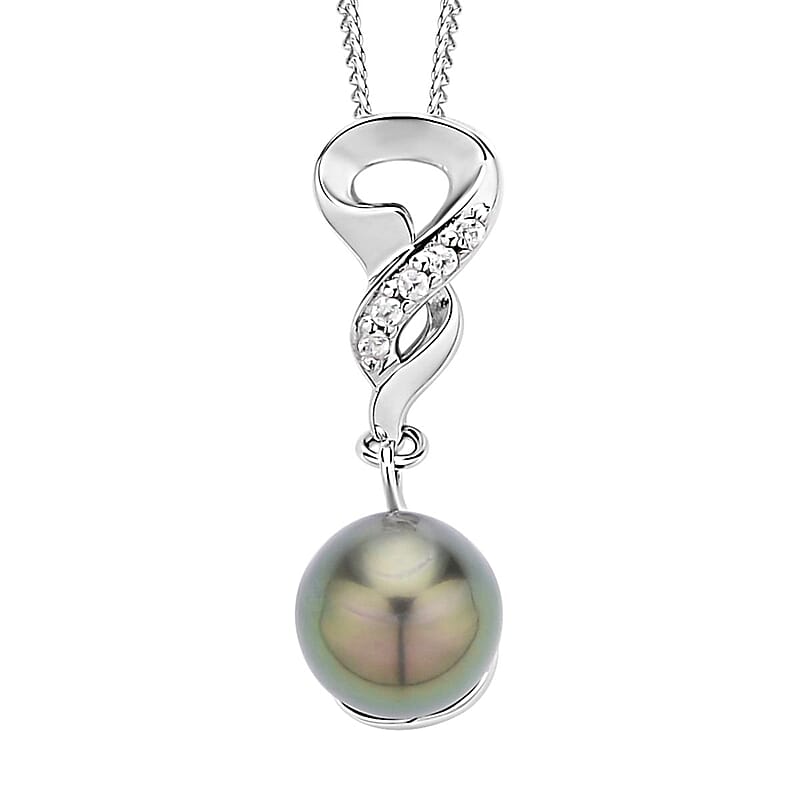 Tahitian Cultured Pearl 9-10mm and White Zircon Pendant Necklace 18 Inches in Rhodium Over Sterling Silver 0.10 ctw
