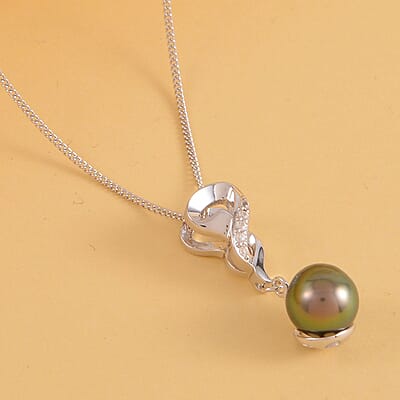Tahitian Cultured Pearl 9-10mm and White Zircon Pendant Necklace 18 Inches in Rhodium Over Sterling Silver 0.10 ctw