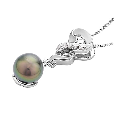 Tahitian Cultured Pearl 9-10mm and White Zircon Pendant Necklace 18 Inches in Rhodium Over Sterling Silver 0.10 ctw