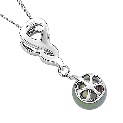 Tahitian Cultured Pearl 9-10mm and White Zircon Pendant Necklace 18 Inches in Rhodium Over Sterling Silver 0.10 ctw